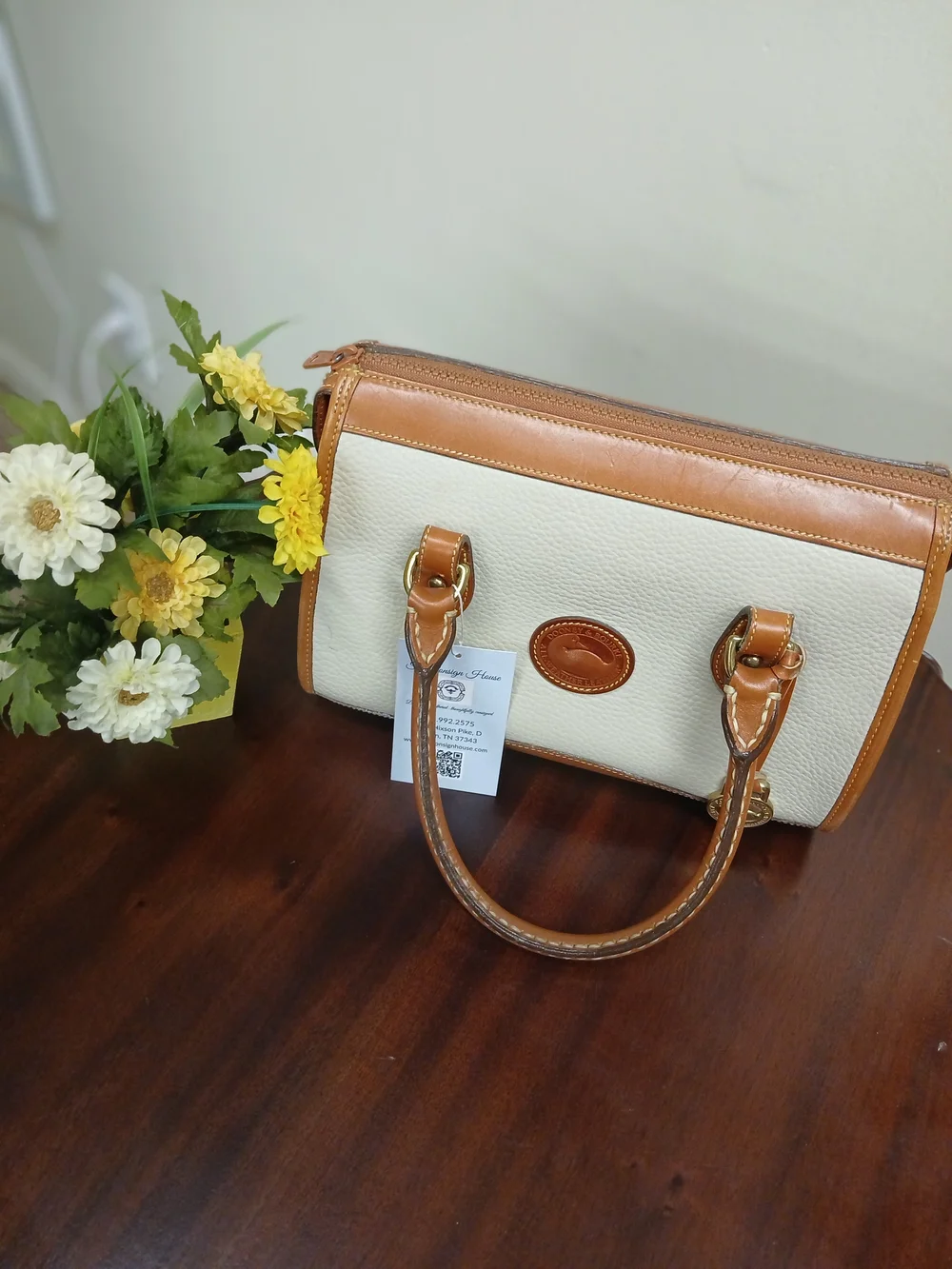 Vintage Dooney & Bourke Cream Satchel with Tan Leather Trim
